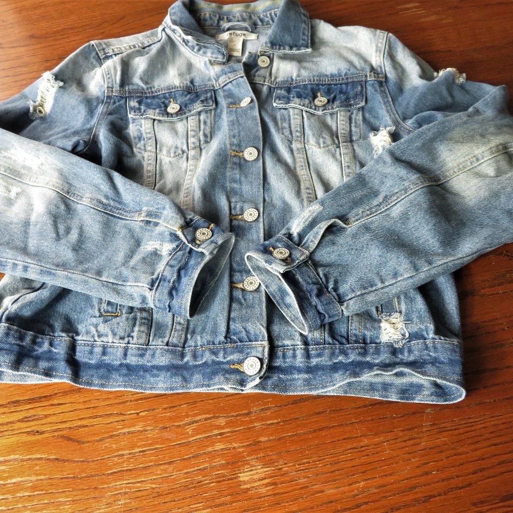 Refuge Denim Jacket Destroyed Blue Distressed Size L